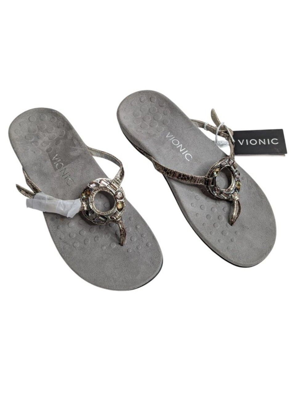 Vionic Womens Grey Oricci Bejeweled toe post Sandals Size 8 Orthaheel EU 39